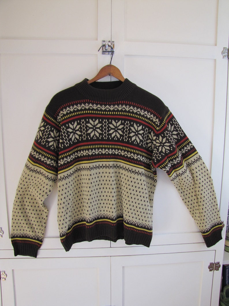 Acrylic Men/'s Medium 1970/'s L S Apres /& Co Brown Brown and Beige Snowflake Patterned Crew Neck Sweater Beige, Scandinavian Style