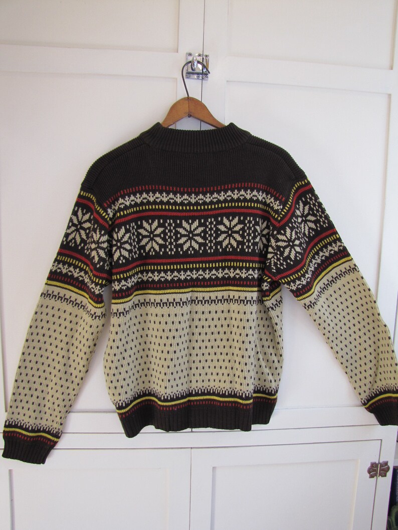 Acrylic Men/'s Medium 1970/'s L S Apres /& Co Brown Brown and Beige Snowflake Patterned Crew Neck Sweater Beige, Scandinavian Style