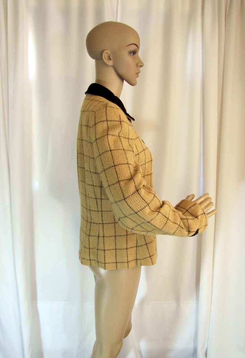 Small to Medium, 1990/'s Akris Tan and Brown Plaid Woven Rayon Short Blazer Business Brown Tan Switzerland Size 8 Plaid Akris