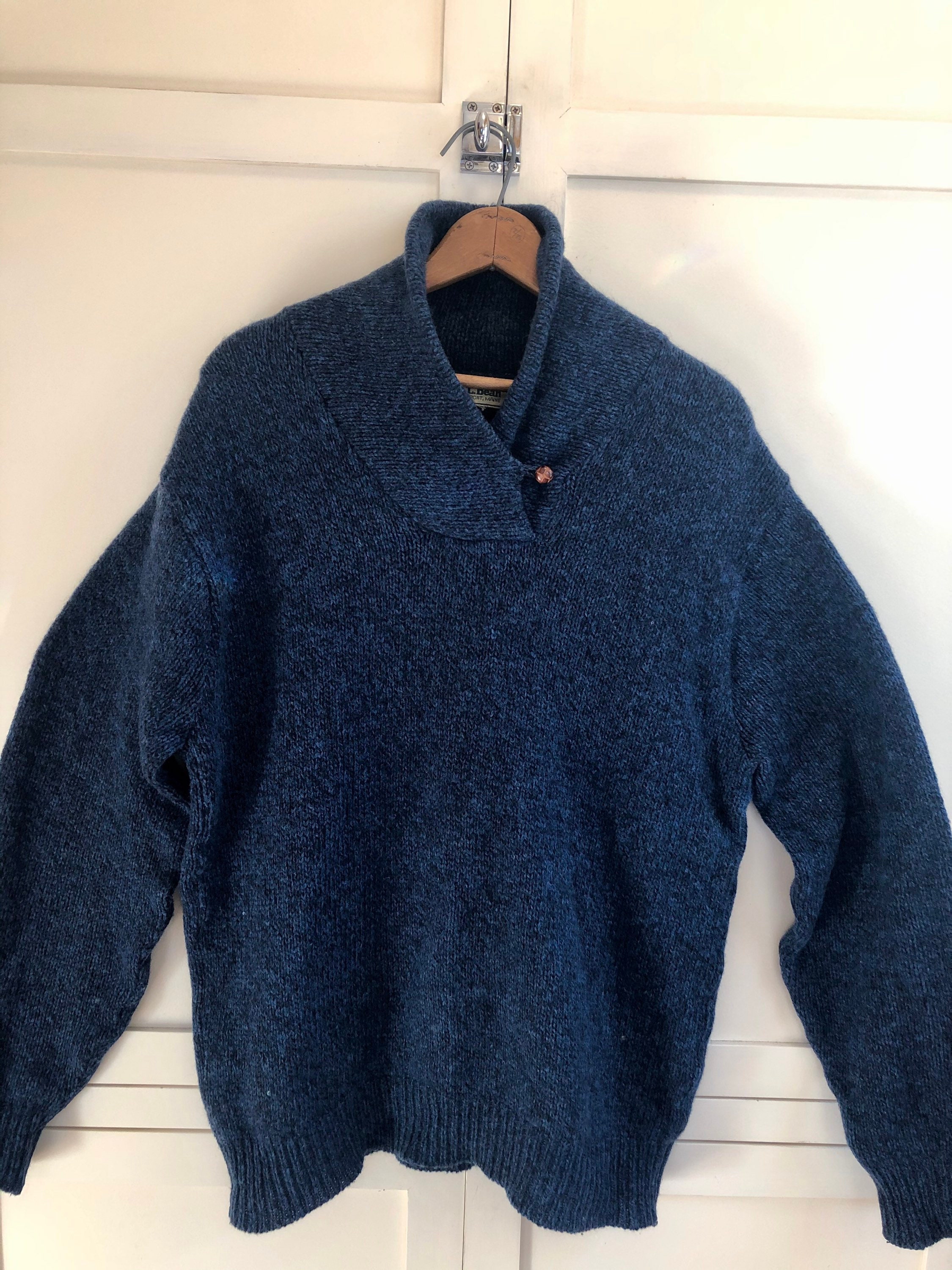 1980's LL Bean Blue Rag Wool Shawl Collar Sweater | Etsy