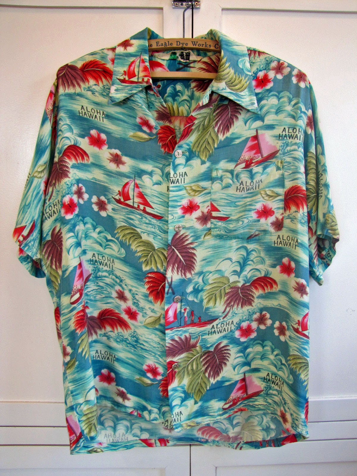 1960's Island Fashions Rayon Teal and Red Hawaiian Down | Etsy