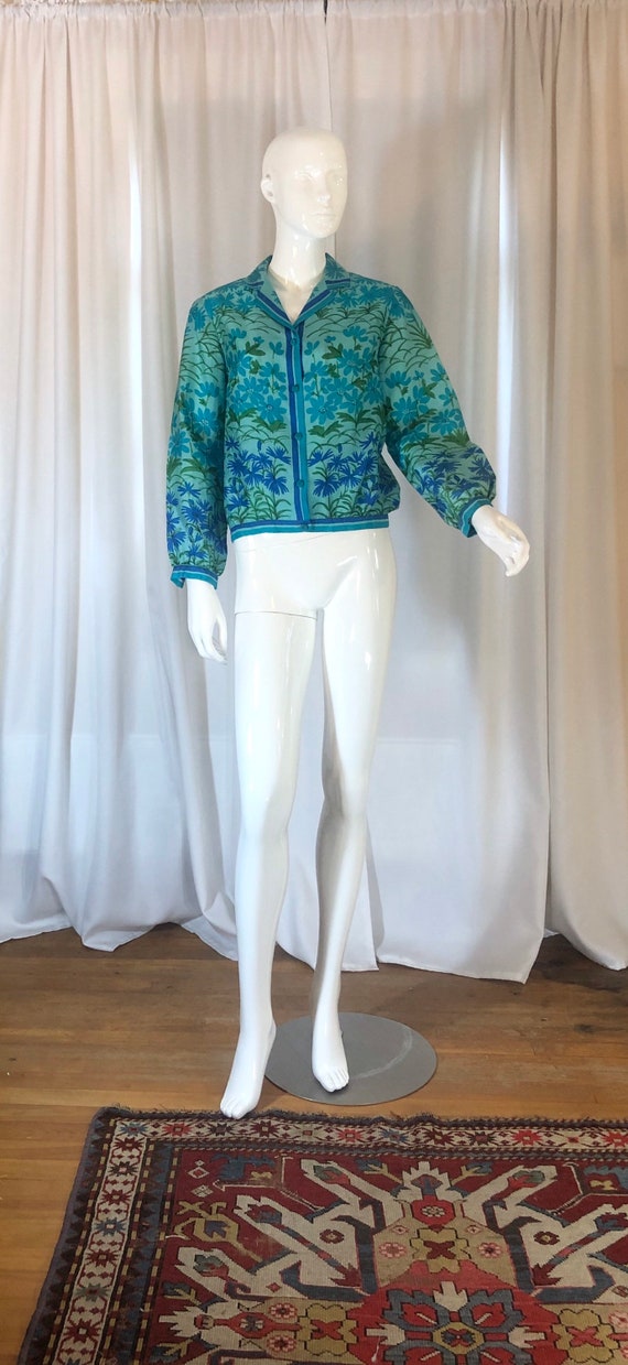 1970's Vera Neumann Turquoise Floral Silk Blouse,