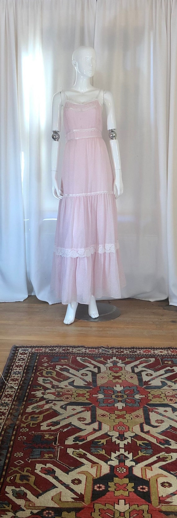 1970's Gunne Sax Style Pink Calico Maxi Sundress,
