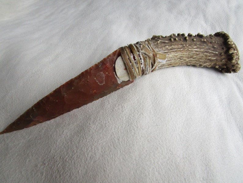 flint knife, stone knife, knapped knife, antler handle flint knife, rustic flint knife, knife, flint, thanksgiving, halloween, yule image 1