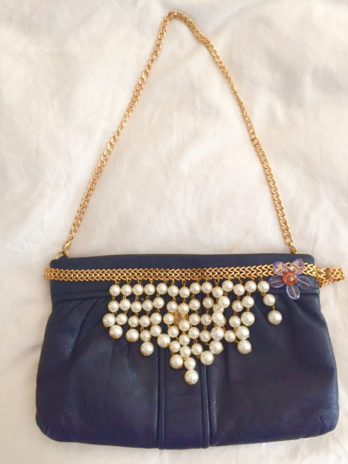 Navy clutch bag with dangling pearls Etsy