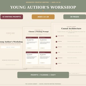 May include: A digital creative writing printable titled Young Author's Workshop for ages 14-18. It includes 60 writing prompts and 30 pages featuring sections like Choose a Writing Prompt and Causal Architecture with structured lines for planning.