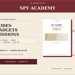 Peut inclure: Un ensemble de programme Spy Academy numérique proposant un cursus d'espionnage de 12 semaines pour les niveaux 6-9. Le document comprend un manuel d'instructeur et un dossier d'étudiant avec codes, gadgets et missions en format PDF imprimable.