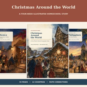 May include: A three-part educational study guide titled Christmas Around the World, featuring illustrated covers of holiday scenes in Mexico, a central European market, and the Philippines, with text indicating 55 pages and 12 countries.