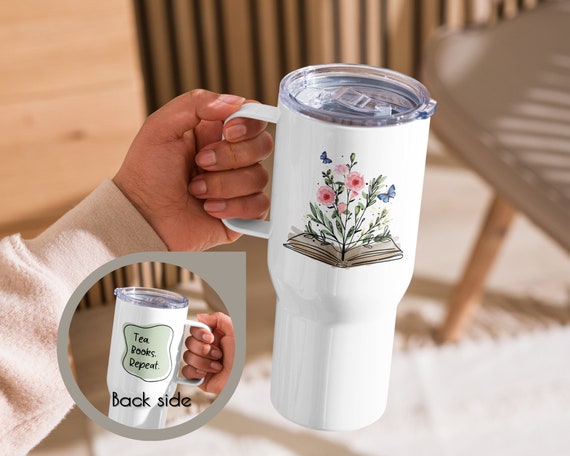 Travel Tumbler With Handle Insulated Mug for Tea Lovers Floral Design  Literary Gift Portable Hot Drink Container 