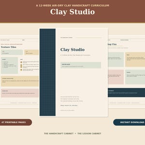 Peut inclure: Un programme imprimable de 47 pages intitulé Clay Studio: A 12-Week Air-Dry Clay Handicraft Curriculum. Le document comprend un guide principal, des plans de cours pour les tuiles texturées et des instructions pour le travail de l'argile.