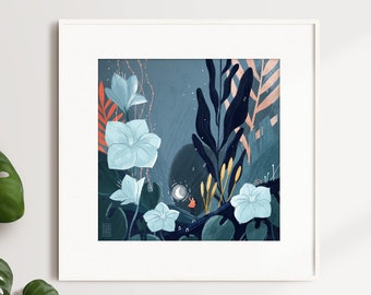 Magical Night Garden Art Print Mural Nature Drawing Illustration Poster Botanical Drawing Fine Art Print Flower Blossom Floral Moon