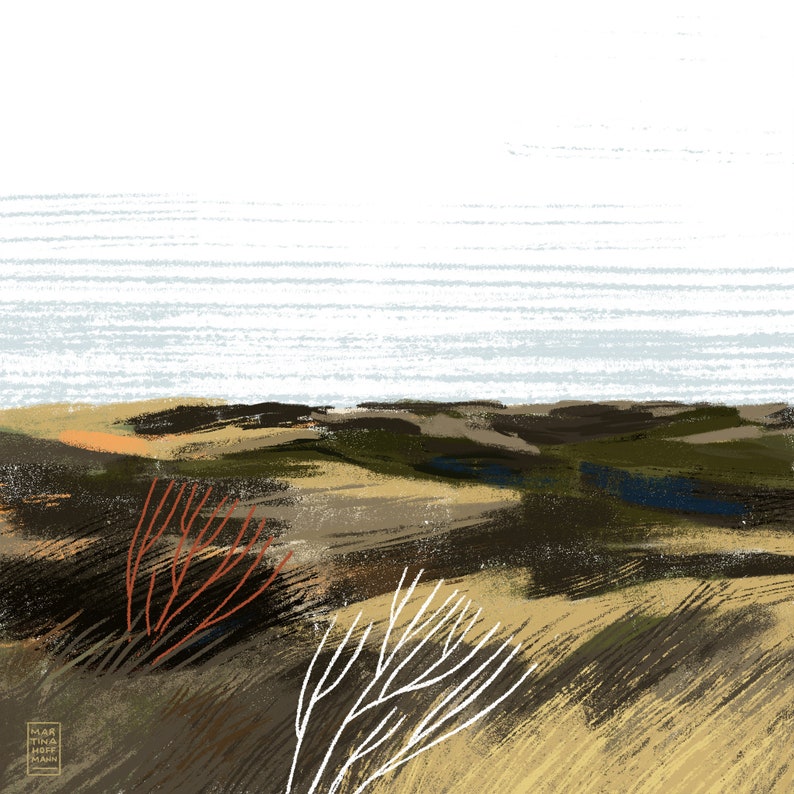 Heath Dunes Paysage Art Print Mer du Nord Mer Baltique Danemark Sylt Amrum Rømø Mer Nature Île Plage Murale Affiche Dessin Fine Art Print image 2