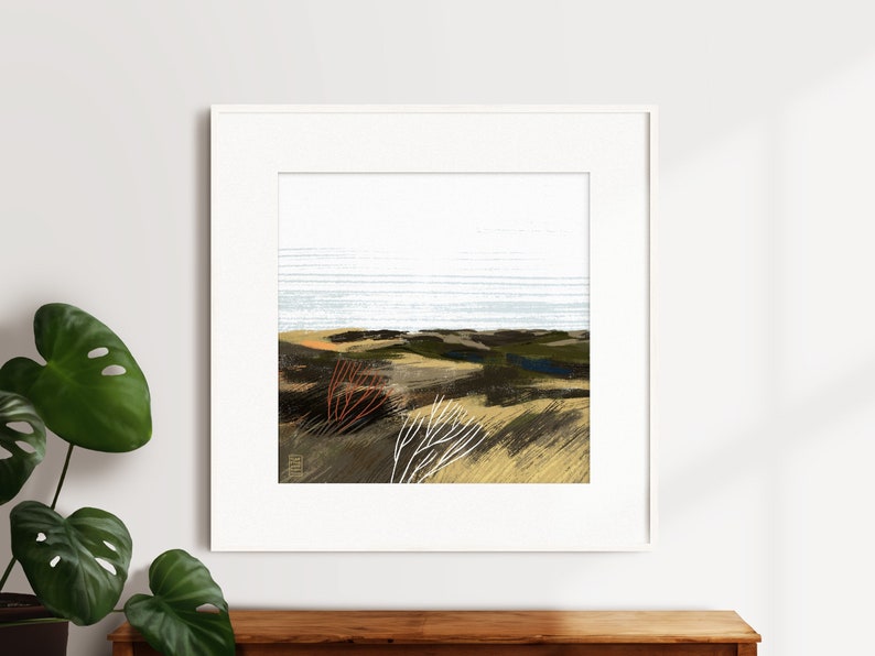 Der Kunstdruck zeigt die wilde und raue Schönheit der Heidelandschaft und der Dünen an der Nordsee.