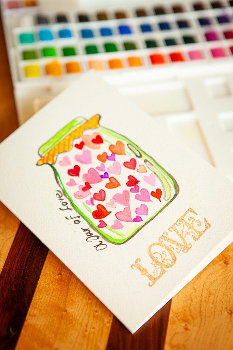 Valentines Day. Watercolor greeting cards. Hearts. A jar of love. Original painting. One 5x7 card with envelope. image 1