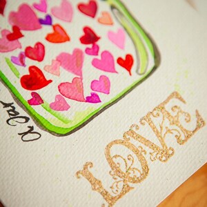 Valentines Day. Watercolor greeting cards. Hearts. A jar of love. Original painting. One 5x7 card with envelope. image 3