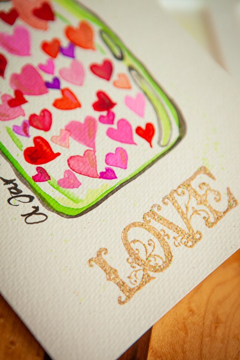 Valentines Day. Watercolor greeting cards. Hearts. A jar of love. Original painting. One 5x7 card with envelope. image 3