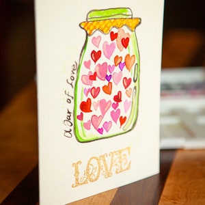 Valentines Day. Watercolor greeting cards. Hearts. A jar of love. Original painting. One 5x7 card with envelope. image 2