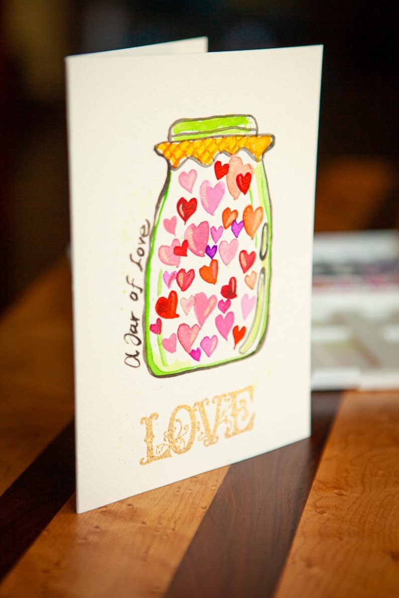 Valentines Day. Watercolor greeting cards. Hearts. A jar of love. Original painting. One 5x7 card with envelope. image 2