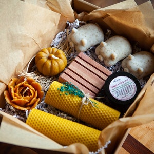 Beeswax Candle and 3 Little Piggies Sweet Home Box. Handmade dish soaps. All Natural. New Home Gift. image 1