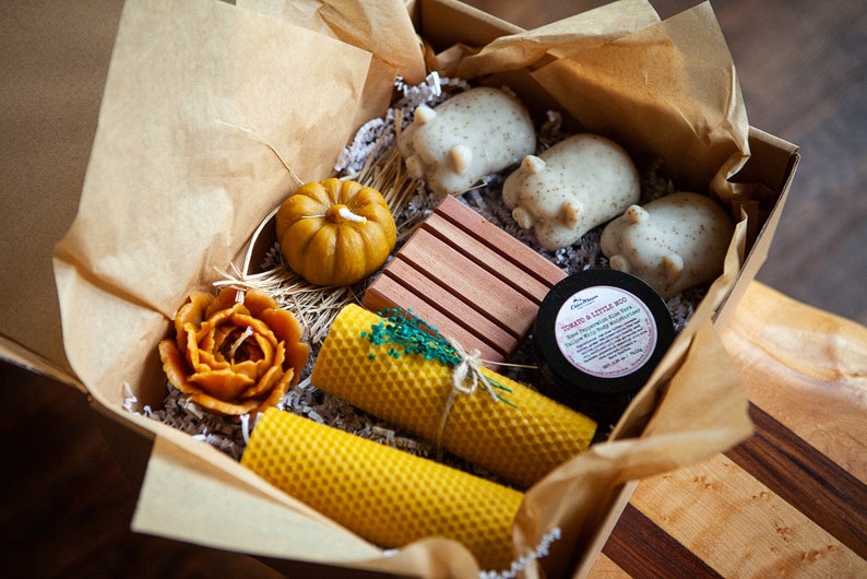 Beeswax Candle and 3 Little Piggies Sweet Home Box. Handmade dish soaps. All Natural. New Home Gift. image 1