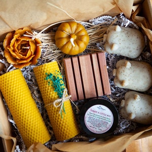 Beeswax Candle and 3 Little Piggies Sweet Home Box. Handmade dish soaps. All Natural. New Home Gift. image 4
