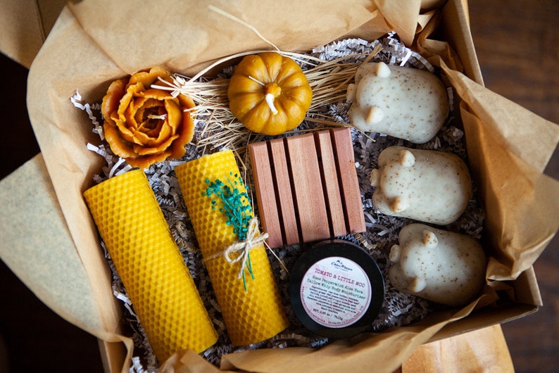 Beeswax Candle and 3 Little Piggies Sweet Home Box. Handmade dish soaps. All Natural. New Home Gift. image 4