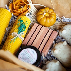 Beeswax Candle and 3 Little Piggies Sweet Home Box. Handmade dish soaps. All Natural. New Home Gift. image 3