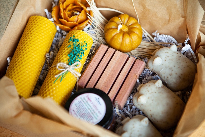 Beeswax Candle and 3 Little Piggies Sweet Home Box. Handmade dish soaps. All Natural. New Home Gift. image 3