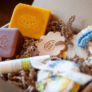 Double Happiness Gift Box.  Soap Gift Box.  Small Dish.  Crochet Soap Saver.  Crochet Face Rounds.  Lotion Stick.  Holiday Gift.