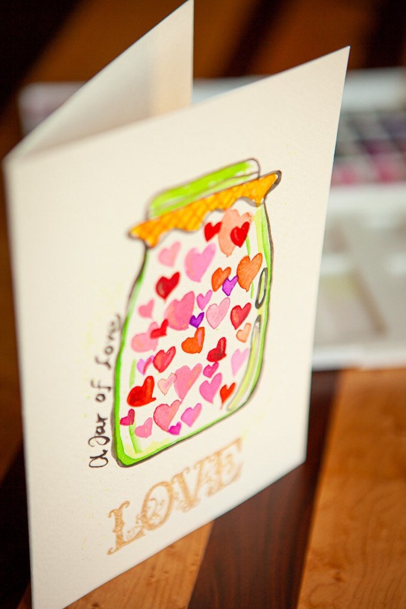 Valentines Day. Watercolor greeting cards. Hearts. A jar of love. Original painting. One 5x7 card with envelope. image 5