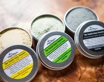 Tooth Fairy Tooth Powder.  activated charcoal, wheat grass, turmeric.  all natural.