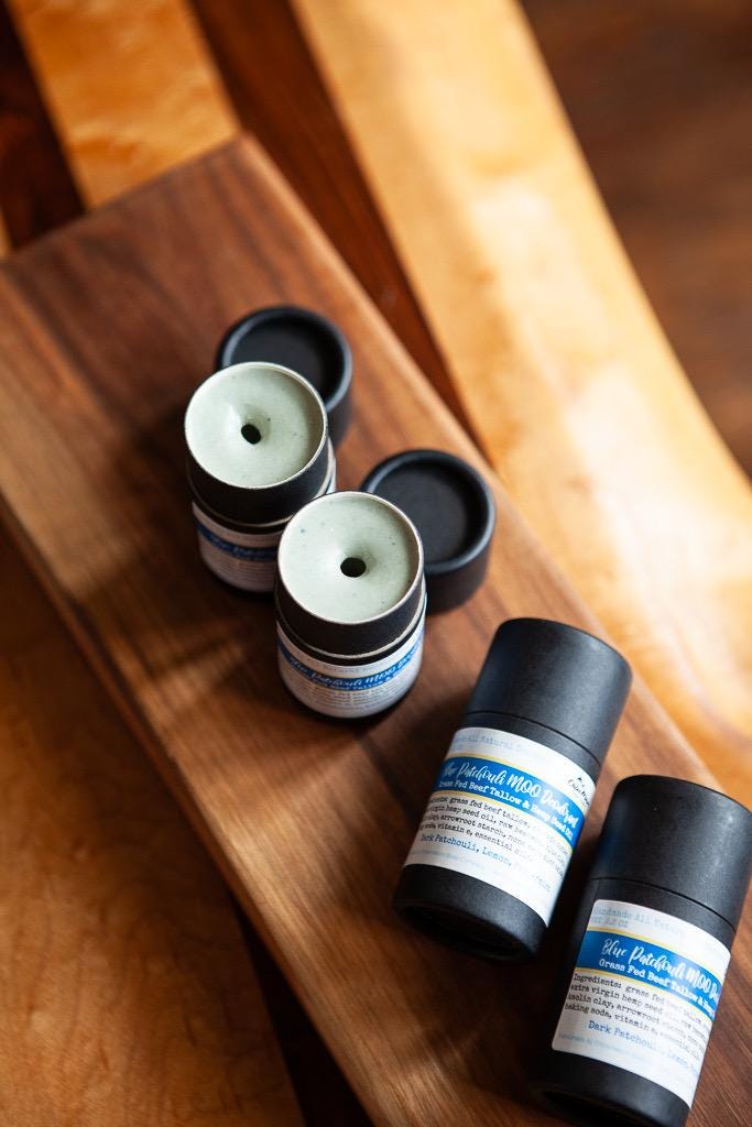 Blue Patchouli Tallow Deodorant, Hemp Seed Oil, Clay