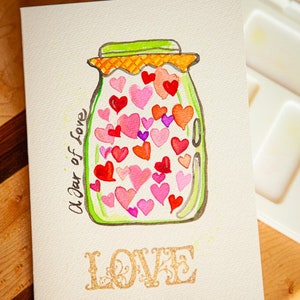 Valentines Day. Watercolor greeting cards. Hearts. A jar of love. Original painting. One 5x7 card with envelope. image 4