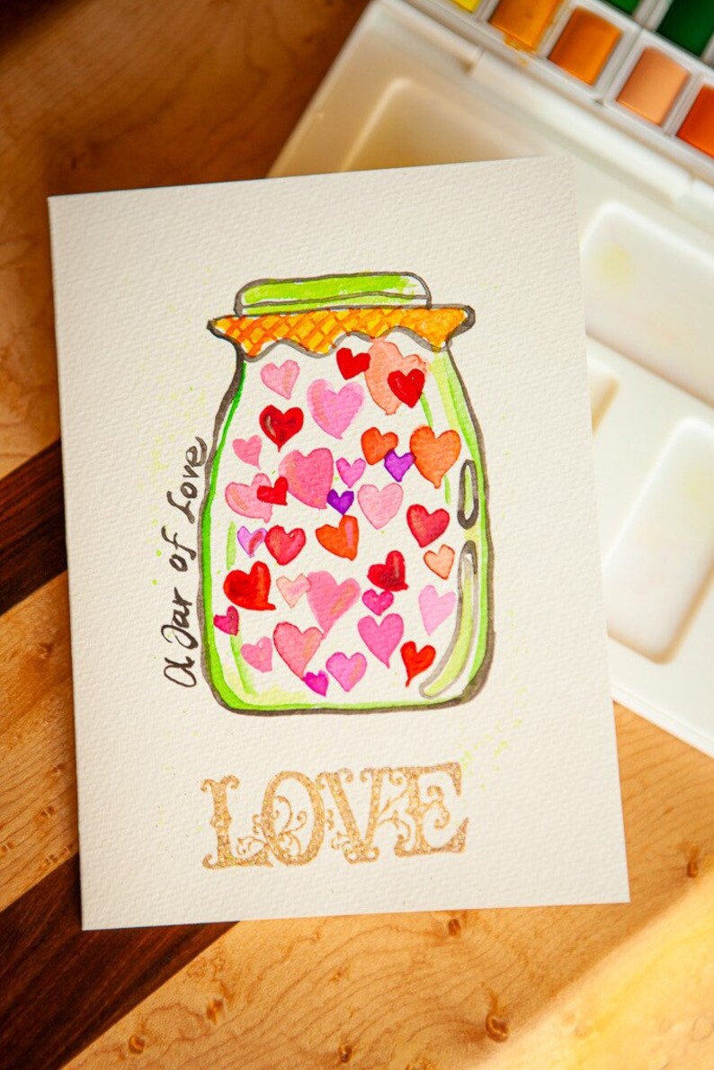 Valentines Day. Watercolor greeting cards. Hearts. A jar of love. Original painting. One 5x7 card with envelope. image 4