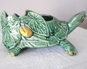 McCoy Pottery Turtle Planter, Detailed Leaves and Shell Design, Vintage Home Decor flower pot