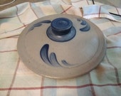 Salt glazed stoneware pottery lid, for a 7 to 8 inch pot or pan. Could be Rowe or Salmon Falls Pottery, among others, not marked, excellent
