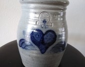 1988 Rowe Pottery crock, utensil holder, vase, with cobalt blue heart and leaves, artists mark. 6 1 2 tall x 5 wide, no chips, very pretty