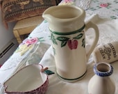 Vintage Crock Shop pottery pitcher with hand painted apples and ivy design, from Santa Ana, Ca. Pretty piece of California pottery