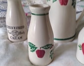 The Crock Shop, Santa Ana, California pottery milk bottle vase with apples and ivy pattern. Pretty vintage red apple and green ivy milk jug