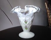 Vintage Fenton Silvercrest Violets in the Snow ruffled vase, signed Hand Painted by B. Nash. Purple violets, green leaves, clear glass rim