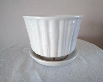 McCoy bamboo design flower pot w/attached under plate, marked 0374, 5 1/3" tall x 6 1/2" across, pale blue, some condition issues, see pics