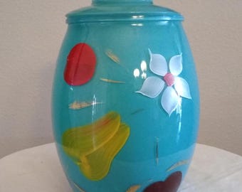 Turquoise Bartlett-Collins Glass Cookie Jar, Orchard Fruit Pattern, Mid Century Kitchen Storage