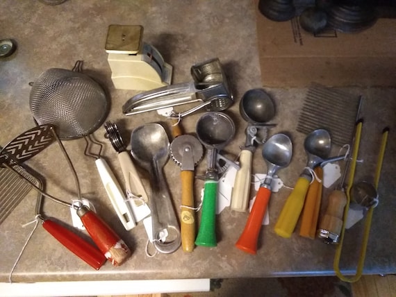 Vintage Red, Green, Yellow, White Handled Kitchen Utensils, Gadgets,  Ricers, Mouli Grater, Cake Cutters, in Varying Conditions and Colors 