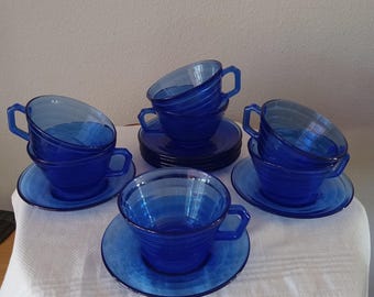 Hazel Atlas Modertone cobalt blue depression glass cups and saucers, 7 sets