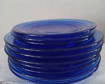 Hazel Atlas modern tone Depression glass, cobalt blue 7 inch plates, set of 7, and 3 six inch plates, sold separately