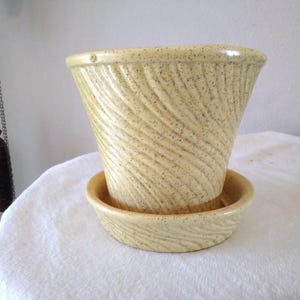 May include: A light yellow ceramic planter with a matching saucer. The planter has a textured, swirled design and small dark speckles. The saucer sits beneath the planter, creating a cohesive look. Ideal for indoor plants.