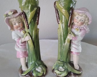 Vintage Majolica Boy and Girl Cattail Bud Vases, Rosy Cheeked Decor
