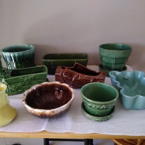 McCoy green pottery planters in various sizes and shapes, Shawnee green water pump planter, McCoy salad bowl, speckled turquoise, yellow