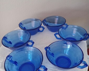 Hazel Atlas Cobalt blue two handled bowls, cream soup bowls or for desserts, ice cream, fruit, side dishes, 12 available