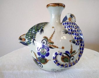 Vintage Mexican Pottery Iguanas or chameleons tequila bottle, vase signed Z, Mexico